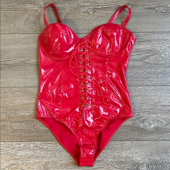 Forplay Other - Y2K Forplay Lingerie Brand Vinyl Patent Leather Latex Look Red Lace-up Bodysuit